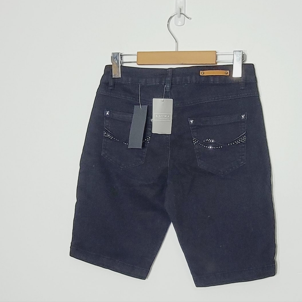 Simon Chang NEW Black Denim100% Cotton Jeans Pockets Embroidered Gems Shorts NWT - Picture 8 of 15